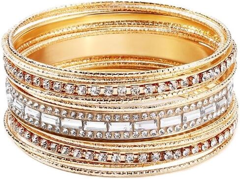 Fuqimanman2020 Boho Chunky Indian Multi Layered Stackable Textured Bangle Bracelets Set Faux Pearl Smooth Cable Bracelet Gold Tone for Women Girls Wedding Jewelry in Saudi Arabia