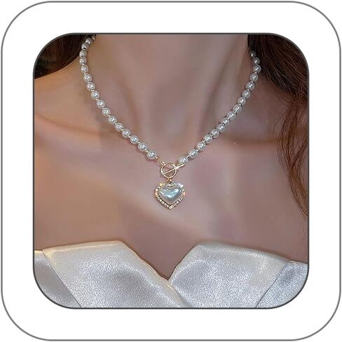 Pearl Heart Necklace Heart Choker Pendant for Women,Y2k Dainty White Love Pearl Beaded Necklace Chain Pearl Jewelry for Teen Grils Trendy Wedding Gifts in Saudi Arabia