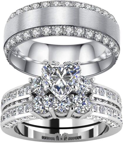 LOVERSRING 3 قطعة له ولها زوجين خاتم الزفاف مجموعة له راتبها المرأة الذهب الأبيض مطلي القلب تشيكوسلوفاكيا رجل التيتانيوم خاتم الزفاف الفرقة مجموعة in Saudi Arabia