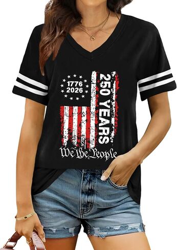 American Flag Shirts Women Patriotic Shirt 4th of July Tee Tops V-Neck Short Sleeve Summer T-Shirt in Kuwait