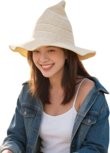 DAZCOS Witch Hat Multicolor Knit Breathable Wide Brim Foldable Pointed Cap for Women Halloween Costume in Kuwait