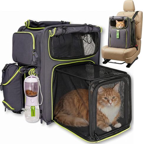 Cat Backpack Carrier & Dog Car Sent للحيوانات الأليفة الصغيرة التي تصل إلى 25 رطلاً - حقيبة ظهر Cat Cat القابلة للتوسيع مع مقود السلامة وشبكة تنفس - مقاومة للماء للسفر - 3 في 1 in Kuwait