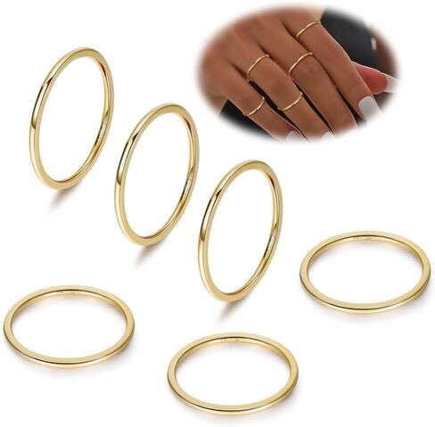 Masedy 6PCS 1-5mm 14K الذهب شغل التراص خواتم للنساء بسيطة المفصل الدائري الإبهام الخنصر ميدي بيان الفرقة حلقة تكويم رقيقة خاتم الذهب عادي الحد الأدنى البنصر الراحة تناسب حجم 5-10 in Saudi Arabia