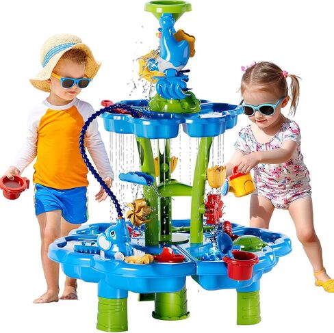 3-Tier Water Table with Pump for Toddlers Kids Ages 3-5 4-8, Outdoor Water and Sand Table Beach Toys, Toddler Activity Sensory Water Sand Table with Rain Showers Splash Pond for Kids Boys Girls in Saudi Arabia