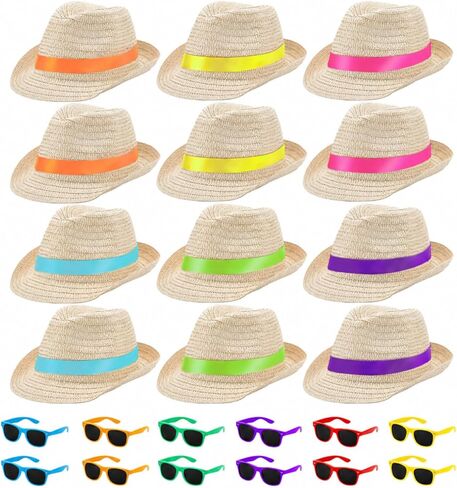 Newcotte 12 Pcs Fedora Hats with 12 Pcs Party Sunglasses Fedora Party Hats for Men and Women Panama Hat Summer Beach Hats Pool Beach and Cuban Party Supplies in Saudi Arabia