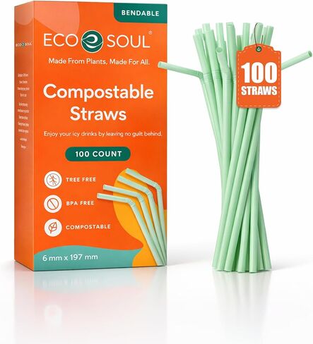 ECO SOUL 100% Compostable Straws [100 Count][8.25"] Eco-Friendly Biodegradable Sustainable Disposable Straws, Cocktail Cold Drink Smoothie Bendable Straws in Saudi Arabia