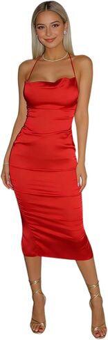 JUMISEE Women Neon Satin Sexy Bodycon Elegant Backless Long Midi Dress for Cocktail Party Clubwear in Saudi Arabia
