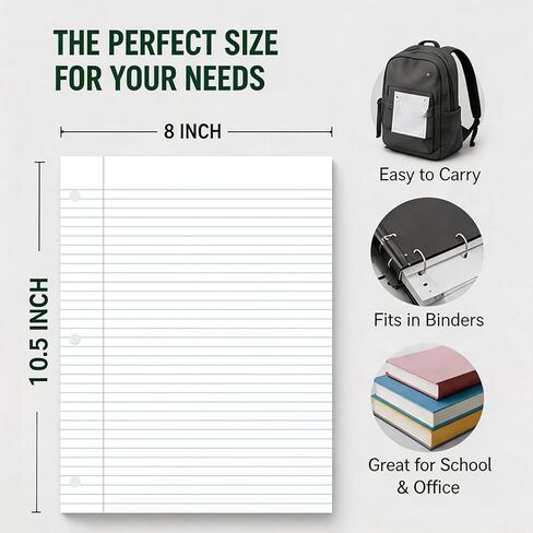 Loose Leaf Paper, 75 Sheets Notebook Lined Pads, 8 x 10.5 College Ruled Filler Paper, 3-Hole Punched Binder Paper for 3-Ring Binders, Double-Side Printed Note Pads for Home, Office, School, 1 Pack in Saudi Arabia