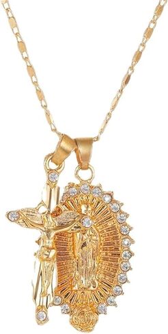 Virgin Mary Cross Jesus Pendant Necklace for Men Women Boys Girls 14K Gold Plated Vintage Charm Catholic Christian Shine Rhinestone Cubic Zirconia Layer Chain Necklace for Amulet Jewelry Gifts in Saudi Arabia