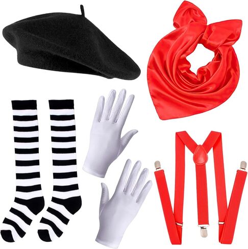 Keymall Kids Mime Artist Accessories 6 قطعة مع قبعة بيريه، وشاح الحمالات، قفازات رسم على الوجه، جوارب لزي الهالوين مايم in Saudi Arabia