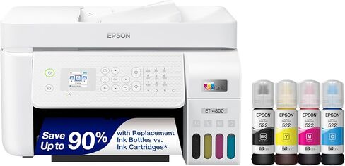 Epson EcoTank ET-4800 Wireless All-in-One Supertank Color Inkjet Printer, White - Print Copy Scan Fax - 10.0 ppm, 5760 x 1440 dpi, 8.5" x 14", 30-Sheet ADF, Ethernet in Saudi Arabia