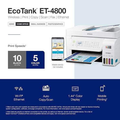 Epson EcoTank ET-4800 Wireless All-in-One Supertank Color Inkjet Printer, White - Print Copy Scan Fax - 10.0 ppm, 5760 x 1440 dpi, 8.5" x 14", 30-Sheet ADF, Ethernet in Saudi Arabia