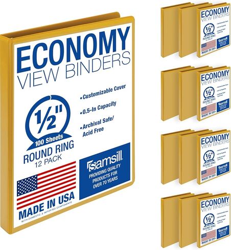 Samsill 0.5 Inch 3 Ring Binders, Made in USA, Economy Round Ring, Clear View Cover, 100 Sheet Capacity - for School, Home, Office - Yellow, 12 Pack in Saudi Arabia
