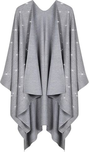 REEMONDE Womens Rhinestones Open Front Poncho Shawl Wrap Cape Ruana Travel Blanket Cardigan in Kuwait