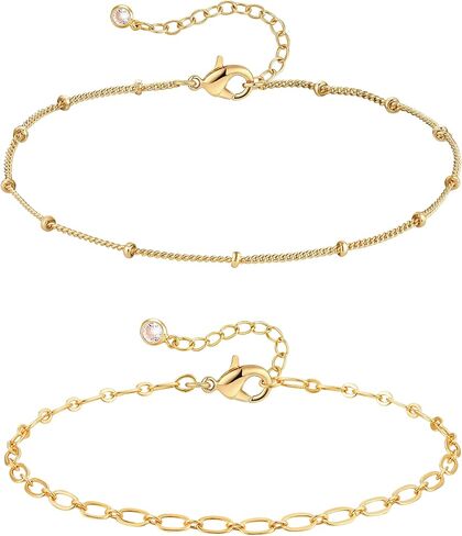 Bracelet for Women Gold Layered Set 2 Layer 14K Gold Plated Simple Dainty Chain Everyday Jewelry in Saudi Arabia