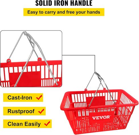 VEVOR Shopping Basket, 16.9 x 11.8 x 8.7 in/42.8 x 30 x 22 cm((L x W x H), Plastic Handle and Iron Stand, Set of 12 Store Baskets with Durable PE Material Used for Supermarket, Retail, Bookstore, Red in Saudi Arabia