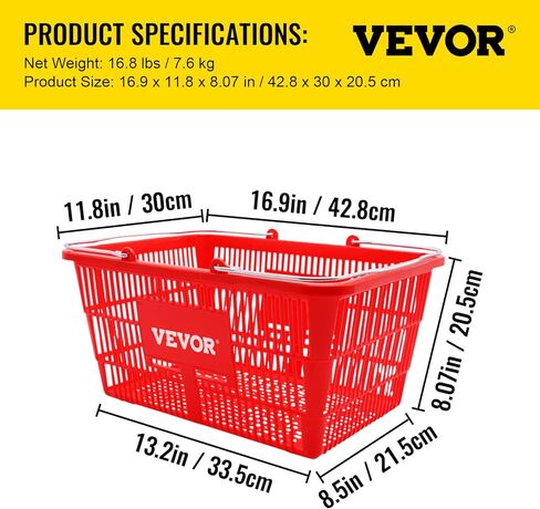 VEVOR Shopping Basket, 16.9 x 11.8 x 8.7 in/42.8 x 30 x 22 cm((L x W x H), Plastic Handle and Iron Stand, Set of 12 Store Baskets with Durable PE Material Used for Supermarket, Retail, Bookstore, Red in Saudi Arabia