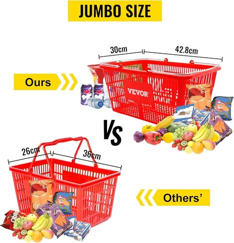 VEVOR Shopping Basket, 16.9 x 11.8 x 8.7 in/42.8 x 30 x 22 cm((L x W x H), Plastic Handle and Iron Stand, Set of 12 Store Baskets with Durable PE Material Used for Supermarket, Retail, Bookstore, Red in Saudi Arabia