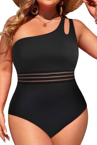 Aqua Eve Plus Size One Piece Swimsuit One Shoulder Bathing Suit Tummy Control Keyhole Swimwear in Kuwait