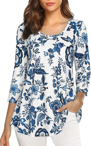 Nandashe Womens 3/4 Sleeves Floral Tunic Shirts Summer Casual Dressy Blouse Tops in Kuwait