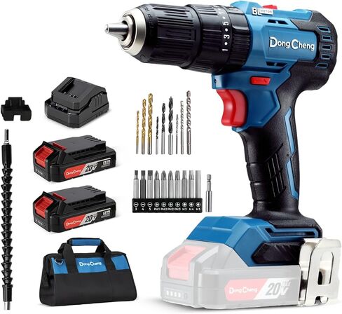 DongCheng 20V MAX مثقاب مطرقي بدون فرشاة لاسلكي، 1/2 بوصة 20+1+1 طقم مثقاب صدمي مدمج مع بطارية 2 * 2.0 أمبير وشاحن، 19 قطعة لقمة ثقب وحقيبة حمل in Saudi Arabia