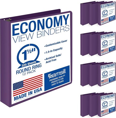 Samsill 1.5 Inch 3 Ring Binders, Made in USA, Economy Round Ring, Clear View Cover, 325 Sheet Capacity - for School, Home, Office - Purple, 12 Pack in Saudi Arabia