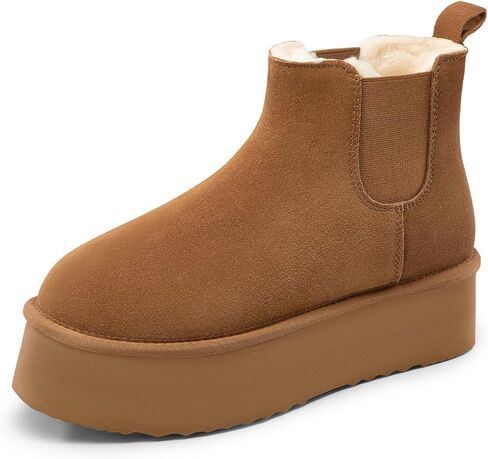 Athlefit Women's Classic Platform Chelsea Boots Winter Warm Fur Lined Anti-Slip Short Ankle Snow Boots in Saudi Arabia