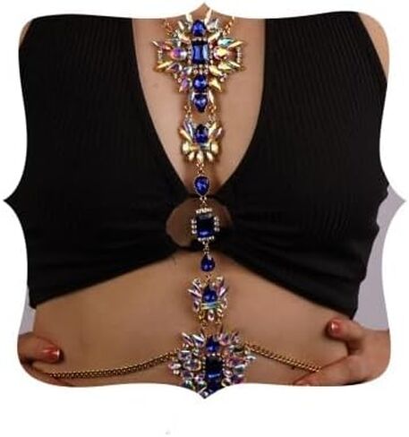 Boho Rhinestone Body Chain Sexy Bikini Bra Chain Statement Necklace Shiny Crystal Beach Body Jewelry for Women and Girls in Saudi Arabia