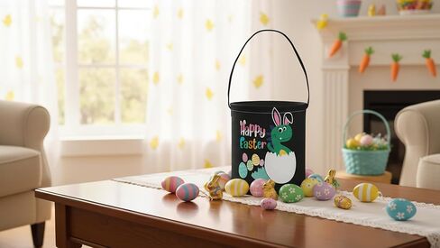 CLOCOR Easter Dinosaur Bucket for Kids,Easter Egg Hunt Bag,Canvas Easter Dinosaur Basket Empty,Easter Party Gift Basket(Easter Dinosaur Bucket) in Saudi Arabia