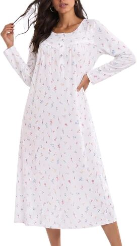 IZZY + TOBY Cotton Nightgowns for Women Long Sleeve Soft Long Warm Nightdress Kintted Night Gown Ladies Nightdress in Kuwait