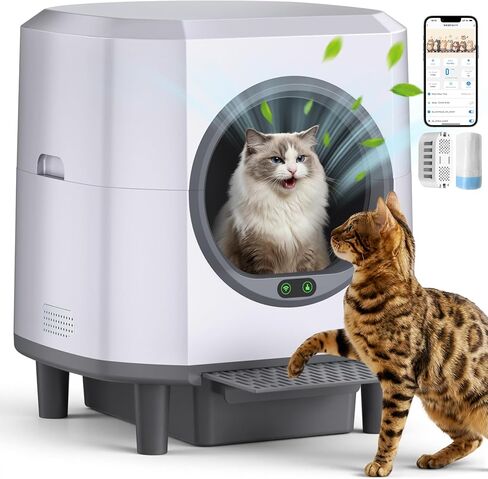 Self Cleaning Litter Box,90L Automatic Cat Litter Box Self Cleaning App-Controlled,Dual Safety Protection,1 Rolls Garbage Bags,White in Saudi Arabia
