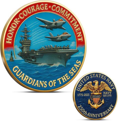 الولايات المتحدة الأمريكية Navy 250th Anniversary Challenge Coin-1.57 "عملة عسكرية بحرية على الوجهين-مجمعة مطلية بالذهب للمحاربين القدامى والبحارة والجمع-عملة تحدي البحرية 1775-2025 in Kuwait