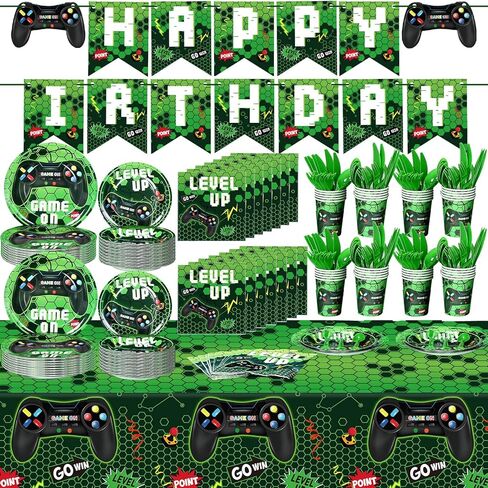 Tiamon 172 Pcs Video Game Party Decoration Set Happy Birthday Banner Gamer Supplies Plastic Tablecloth Paper Plates Tableware for Player Birthday Pack, Serving 24 Guests(Blue) in Saudi Arabia