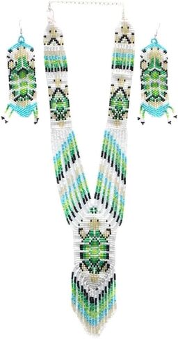 Layered Beaded Necklace – Boho Native Handmade Seed Bead Tassel Necklace, Bohemian Large Statement Beaded Necklace for Women and Girls (Black & White) in Saudi Arabia