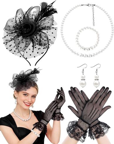 Bniksok 5 Pack Black Fascinators Hat for Women Tea Party Veil Mesh Headband Feather Derby Hat Lace Gloves Pearl Jewelry Set for 1920s Party in Kuwait