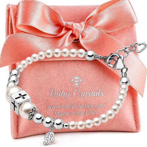 Sterling Silver Cross Charm Bracelet for Girls Christening, Baptism Gifts, Girls Jewelry with White Simulated Pearl Bracelets for Girl, Newborn, Infant, Toddler, Teens in Saudi Arabia