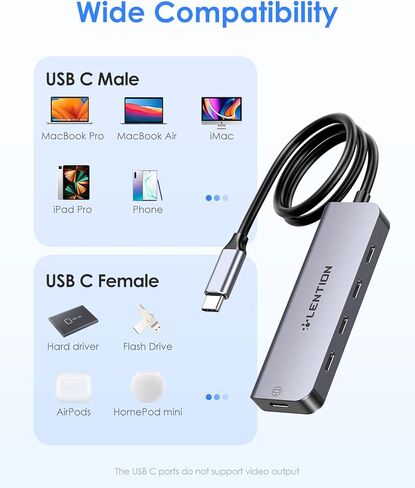 كابل LENTION بطول 2 قدم USB C Hub مع 4 منافذ USB C (USB 3.2 Gen 2، 10 جيجابت في الثانية، سرعة Thunderbolt)، شحن PD 100 وات، متوافق مع MacBook Pro 2023-2016، Mac Air/Surface الجديد، المزيد (CE31s، رمادي فضائي) in Kuwait
