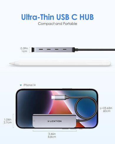 كابل LENTION بطول 2 قدم USB C Hub مع 4 منافذ USB C (USB 3.2 Gen 2، 10 جيجابت في الثانية، سرعة Thunderbolt)، شحن PD 100 وات، متوافق مع MacBook Pro 2023-2016، Mac Air/Surface الجديد، المزيد (CE31s، رمادي فضائي) in Kuwait