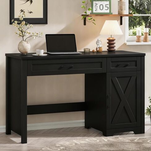 Farmhouse 61 "مكتب تنفيذي مع 5 أدراج ، مكتب كمبيوتر المكتب الريفي مع محطة الشحن ، أدراج الملفات وخزانة التخزين ، محطة عمل الخشب لمكتب المنزل والدراسة ، الأسود. in Saudi Arabia