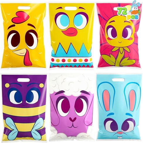 JOYIN 72 Pcs Easter Large Plastic Tote Bags, Easter Goodie Treat Gift Bags for Egg Hunt, Easter Kids Party Favor Party Supplies(Animals and Flowers) in Saudi Arabia