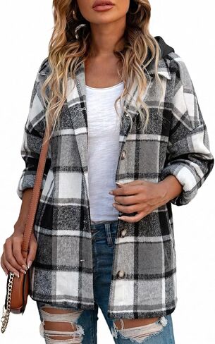 SHEWIN Womens Long Sleeve Button Down Plaid Shirts Flannel Hooded Shacket Jacket Hoodie Coats in Kuwait