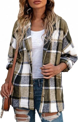 SHEWIN Womens Long Sleeve Button Down Plaid Shirts Flannel Hooded Shacket Jacket Hoodie Coats in Kuwait