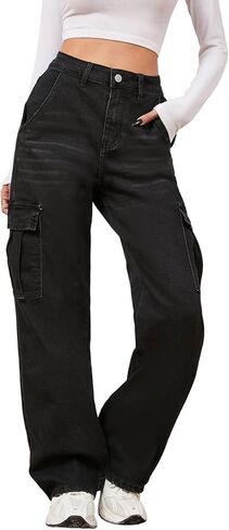 LONGYIDA Women's High Waisted Cargo Jeans Straight Wide Leg Stretch Baggy Jeans Y2K Casual Loose Denim Cargo Pants Trousers in Saudi Arabia