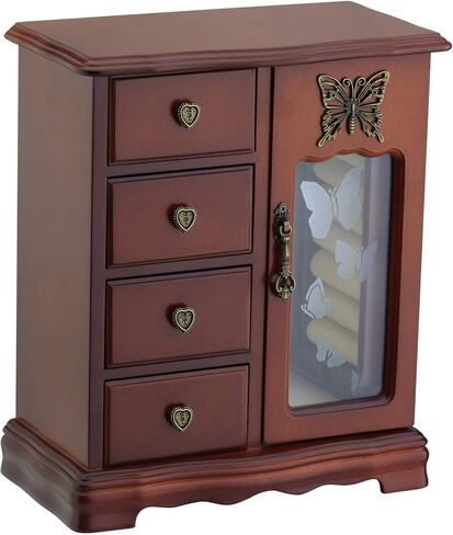 RR ROUND RICH DESIGN Solid Wooden Jewelry Box Makeup and Organizer Women Ring Storage with 4-Drawers Built-in Necklace Carousel and Mirror Brown in Saudi Arabia