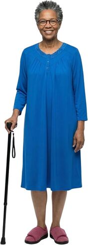Women’s Open Back Adaptive Knit Diamond Neck Nightgown - 3/4 Sleeve Lace-Trimmed Nightgown for Seniors in Saudi Arabia