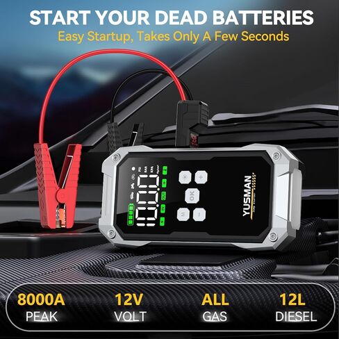 YUSMAN Car Jump Starter، حزمة بطارية 3000A 12V Jump Starter (7.0 غاز / 5.5 لتر ديزل)، صندوق وصل آمن للسيارة مع شاشة، بادئ تشغيل السيارة مع كابلات توصيل ذكية ممتدة، شحن سريع 3.0، ضوء LED in Saudi Arabia