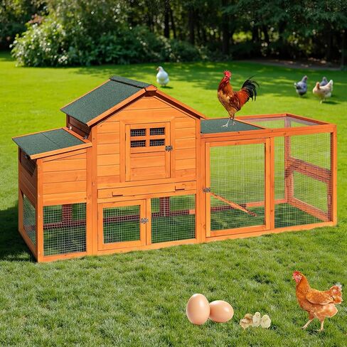 GARWOOD Large Wooden Chicken Coop Outdoor Big Hen House Poultry Pet Duck Hutch with Run Cage Nesting Box Waterproof Asphalt Roof Ramp Removable Tray Wire Fence for Backyard Small Animals 79" Brown in Saudi Arabia