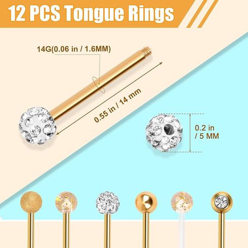 CrazyPiercing 12 قطعة من الفولاذ المقاوم للصدأ حلقة اللسان الحديد التجنيب ثقب الجسم مجوهرات 14 جرام in Kuwait
