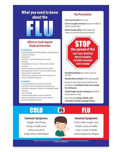 Flu Prevention Poster - Laminated, 12 x 18 inches - Flu vs Cold Chart - School Nurse Office Decorations - Workplace Safety Poster in Saudi Arabia