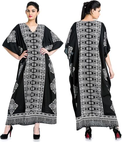 Goood Times Black & White Floral Long Kaftan Kimono Maxi Dress Plus Size Caftan Gown Nightdress Kimono for Women in Kuwait